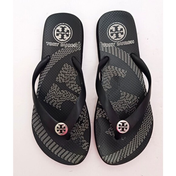 Tory Burch Emory Thong Flips Flops Blk/White Silver Logo 1/2" Straps Sz 8 - Picture 8 of 9
